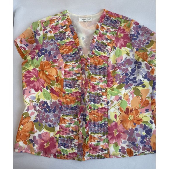 Coldwater Creek Women's Blouse L/XL Multicolor Floral Ruffle Smocked‎ Button Up - Picture 1 of 6